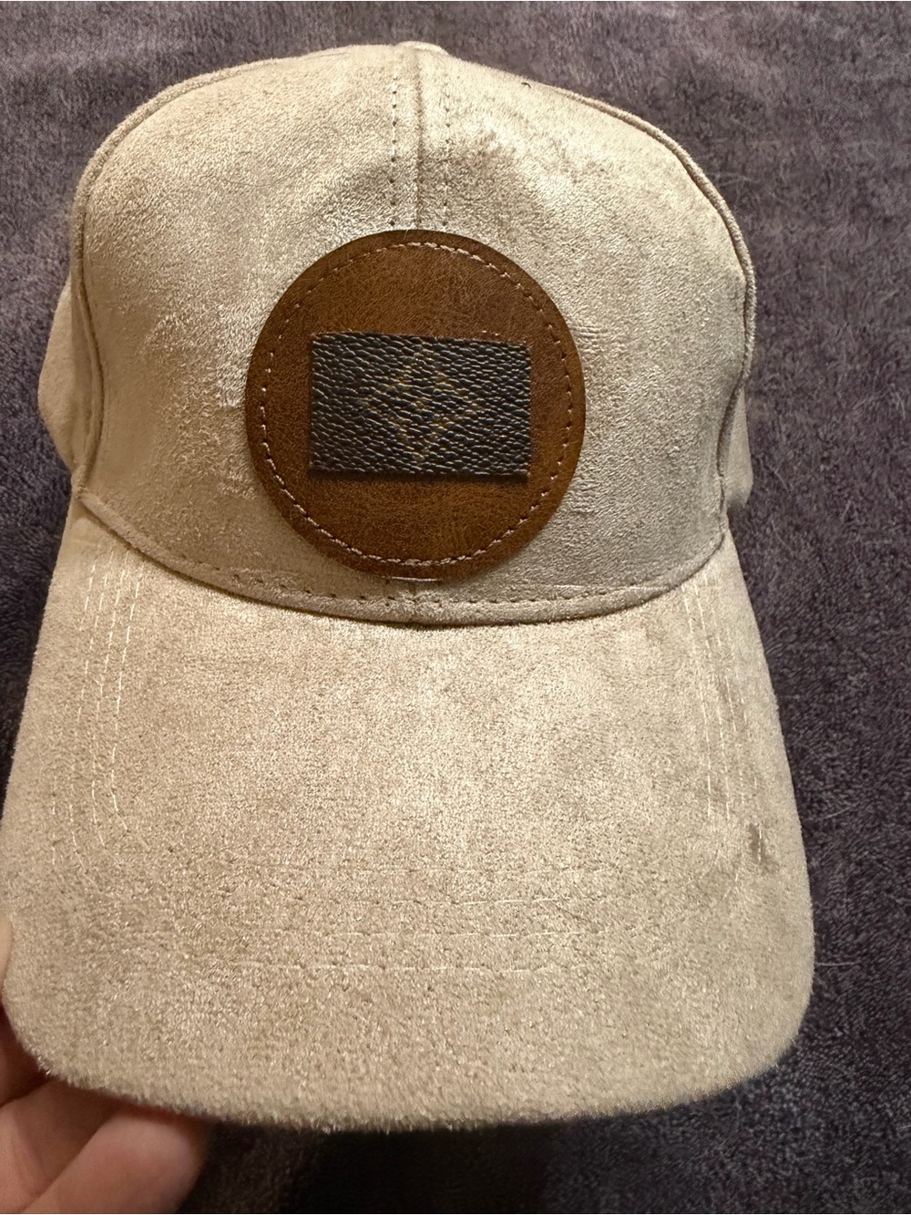 Hand Crafted Beige Suede-Look Baseball Cap with Brown Leather Patch
